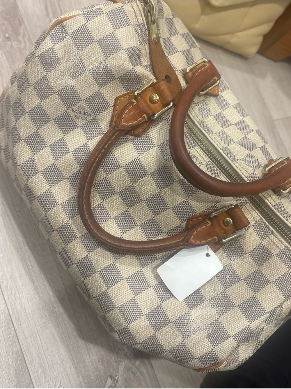 Checkered Canvas Satchel in Cream and Brown Leather